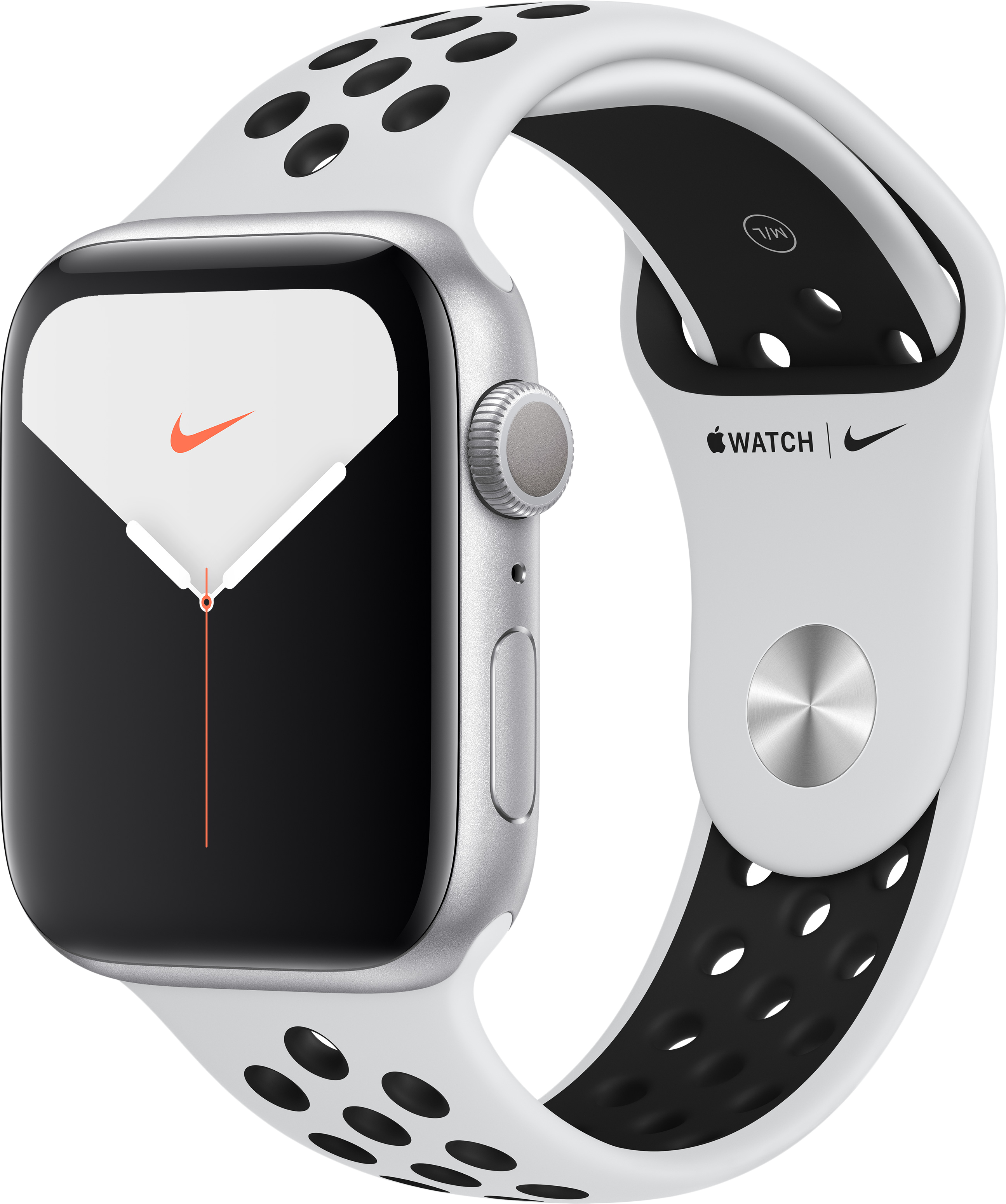 

Apple Watch Nike Series 5 GPS, 44мм, Серебристый, Спортивный ремешок Nike цвета «чистая платина/чёрный» (MX3V2UL/A)