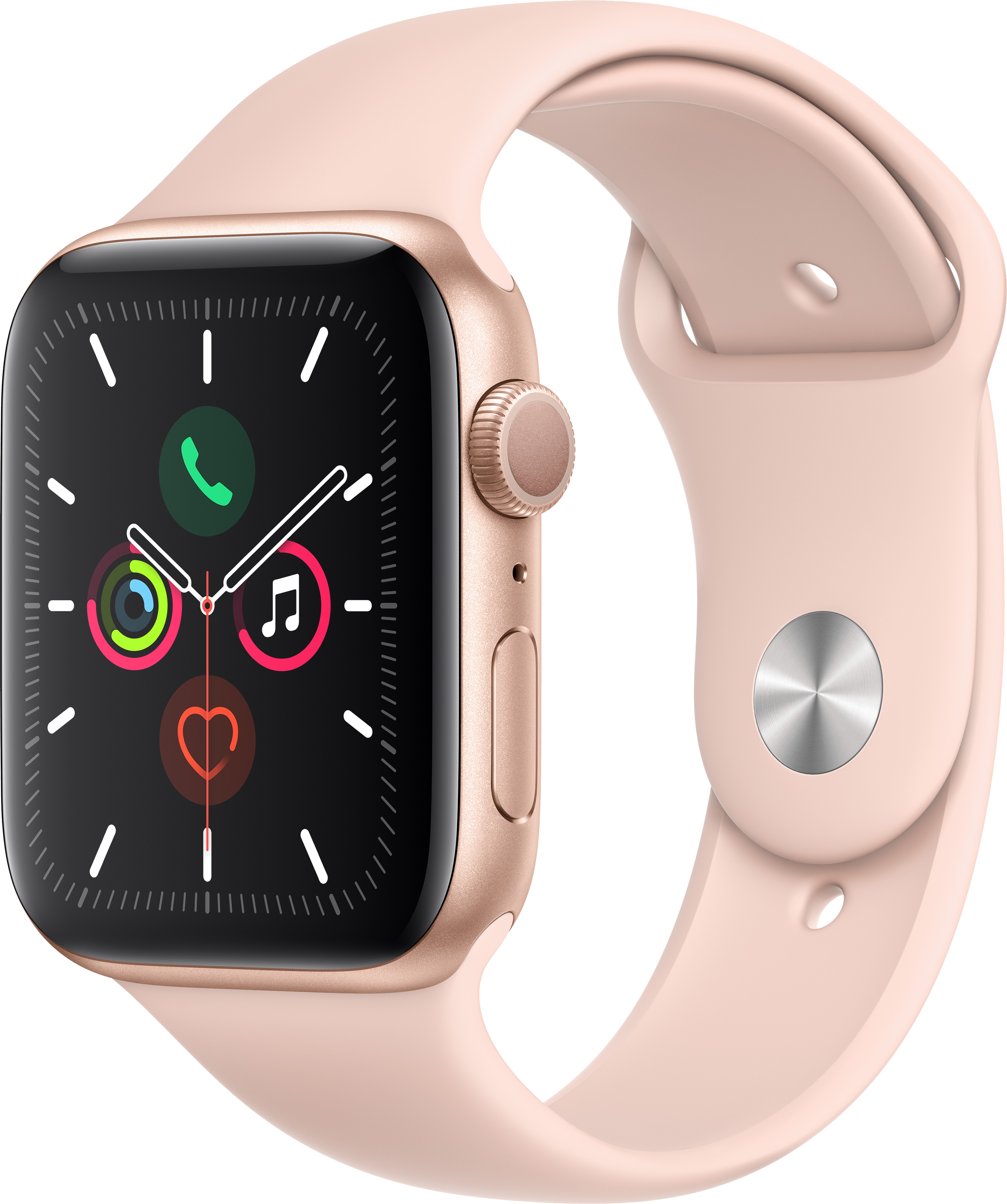 

Apple Watch Series 5 GPS, 44мм, Золотой, Cпортивный ремешок цвета «розовый песок» (MWVE2GK/A)