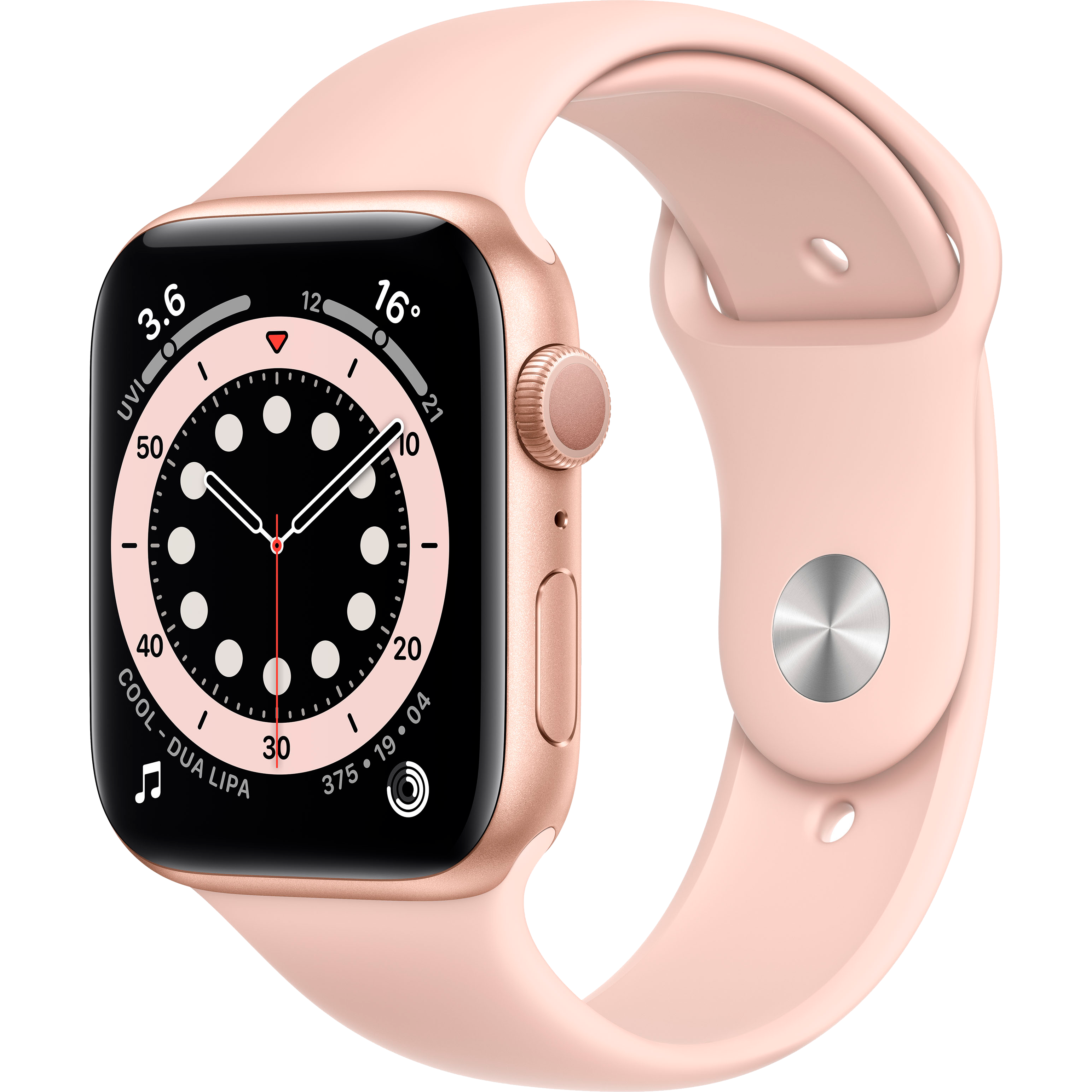 

Apple Watch Series 6 GPS, 44мм, Золотой, Cпортивный ремешок цвета «розовый песок» (M00E3UL/A)