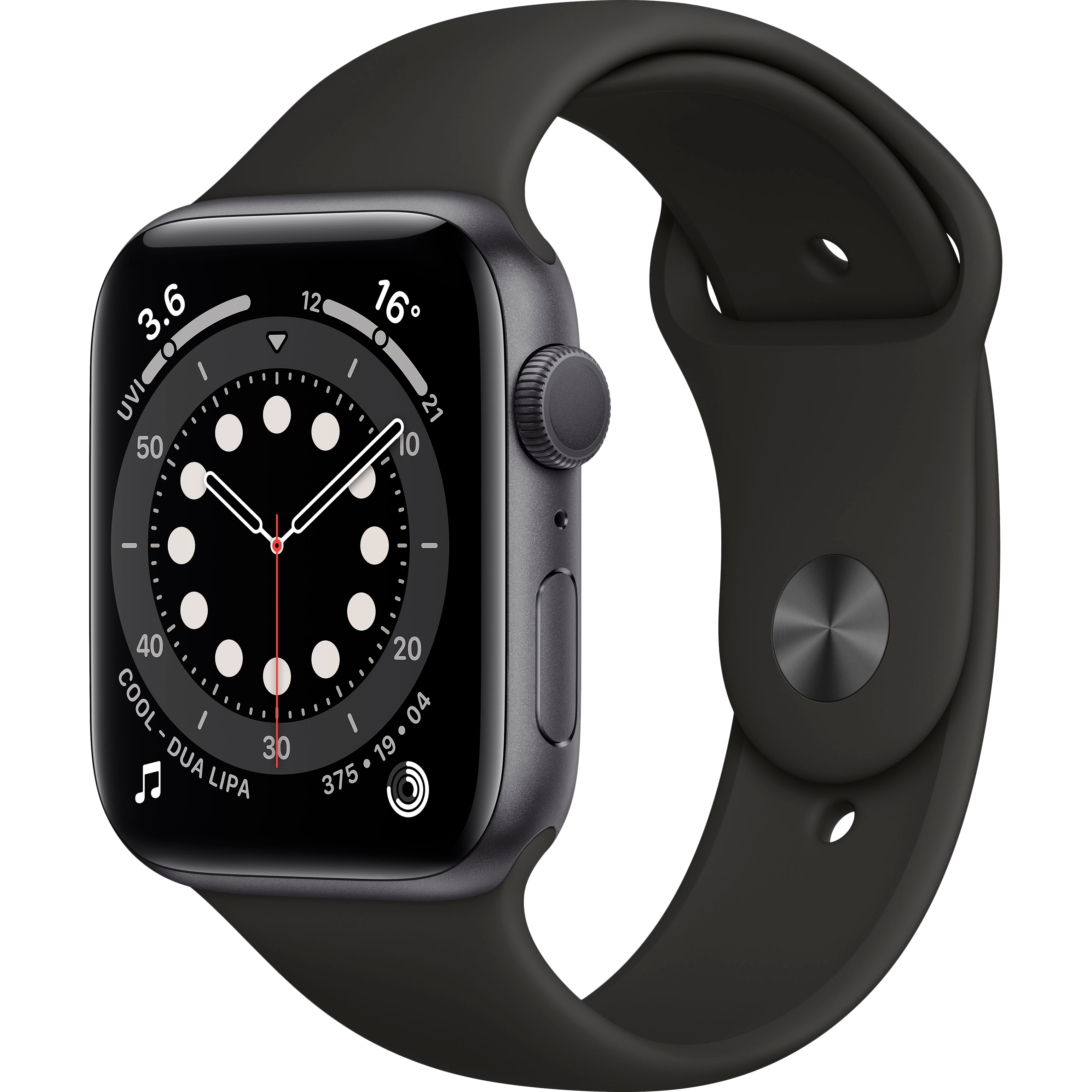 

Apple Watch Series 6 GPS, 44мм, Серый космос, Cпортивный ремешок чёрного цвета (M00H3GK/A)