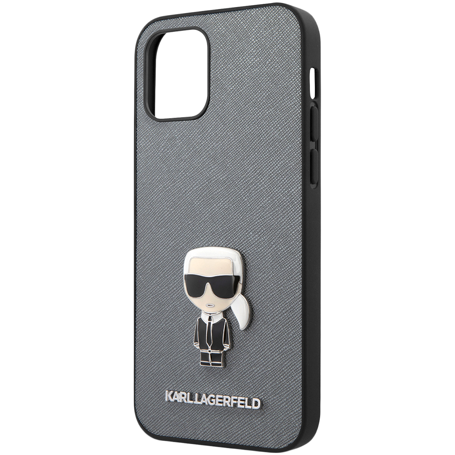 

Чехол LAGERFELD Saffiano Ikonik Karl (metal) Hard для iPhone 12/12 Pro (KLHCP12MIKMSSL)