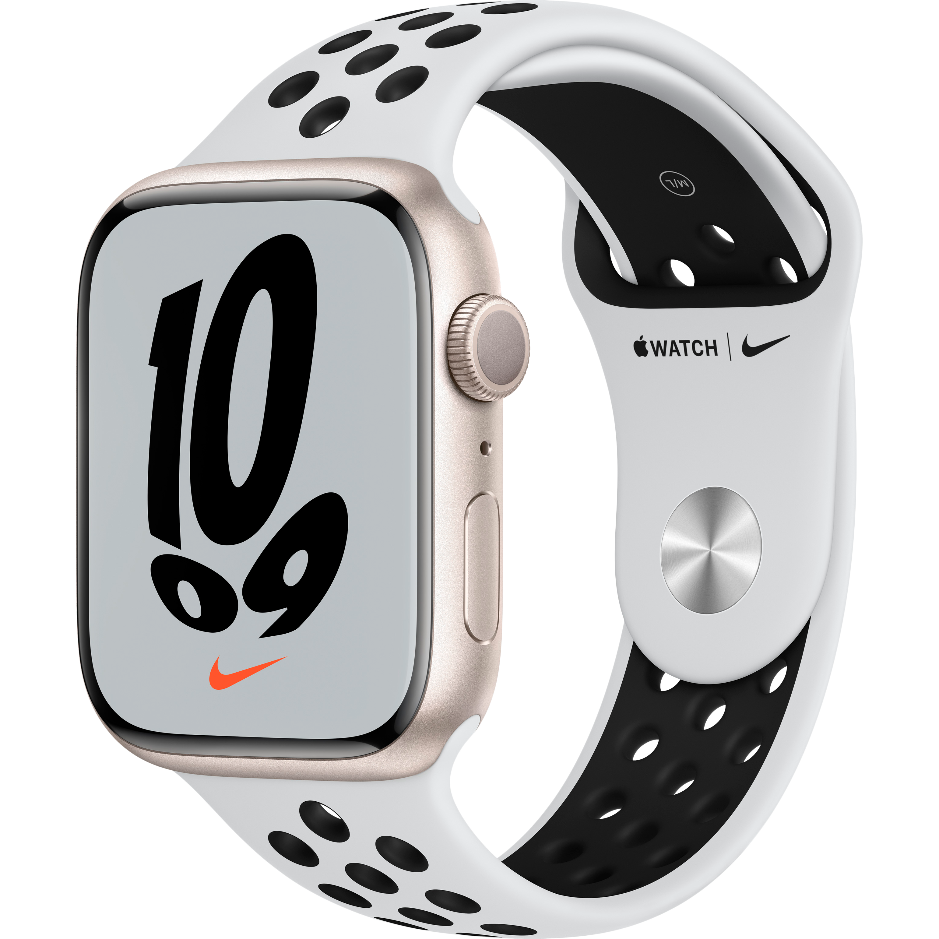 

Apple Watch Nike Series 7 GPS, 45мм, Сияющая звезда, Спортивный ремешок Nike цвета «чистая платина/чёрный» (MKNA3GK/A)