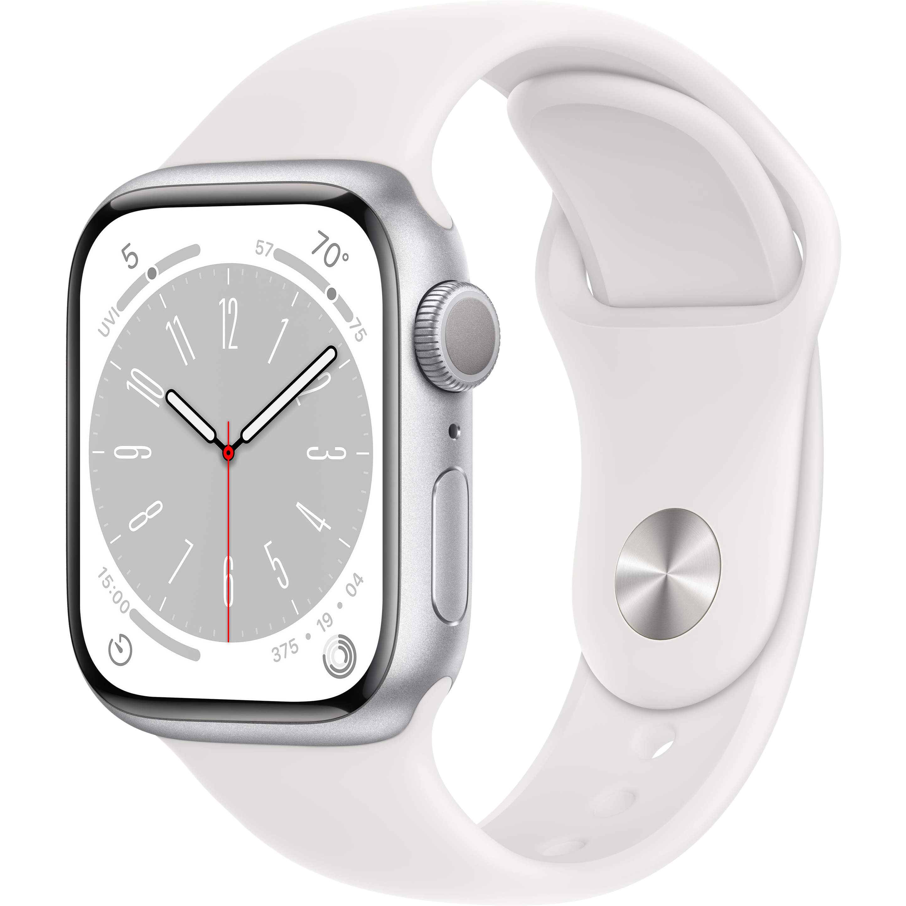 

Apple Watch Series 8 GPS, 41мм, Серебристый, Спортивный ремешок белого цвета (MP6K3RB/A)