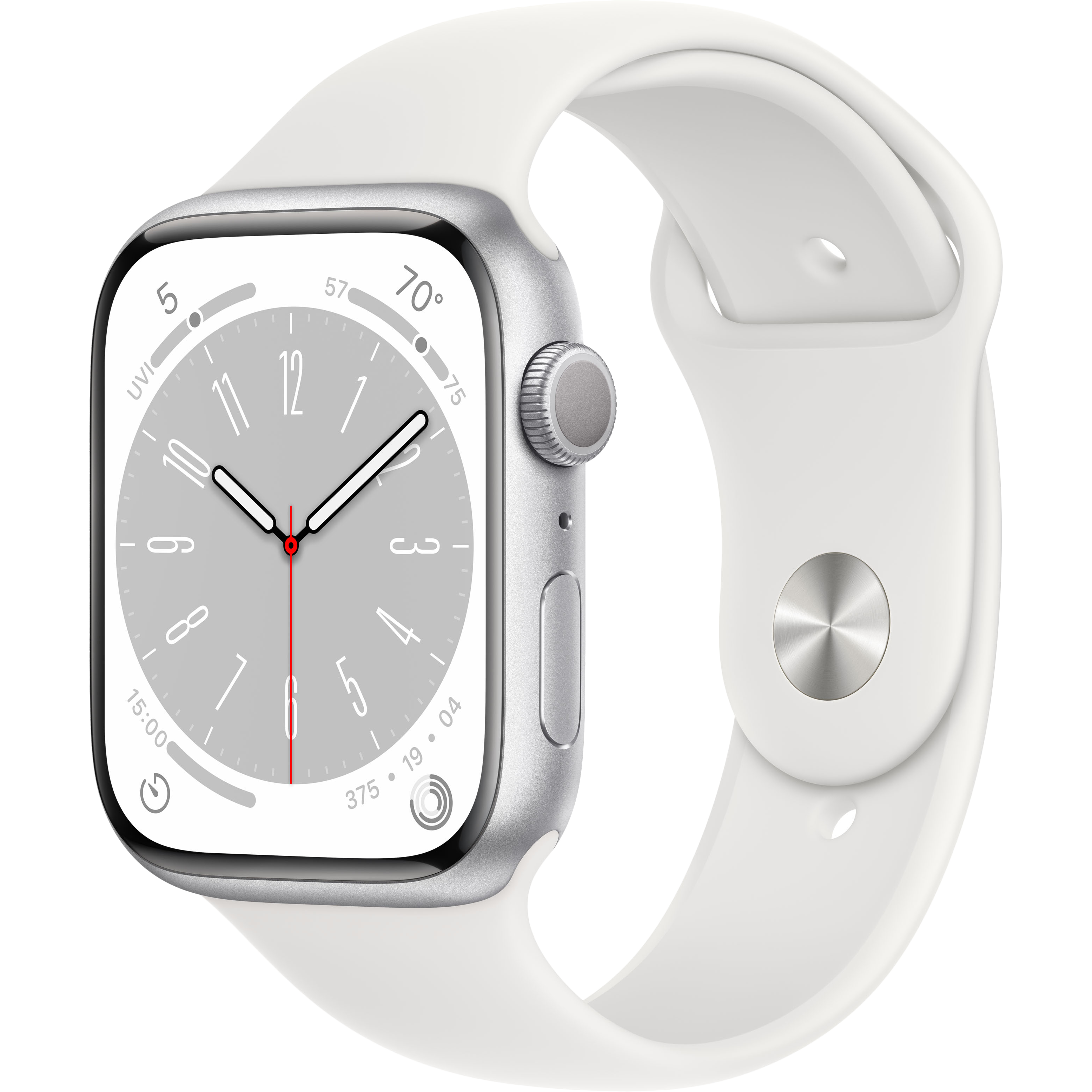 

Apple Watch Series 8 GPS, 45мм, Серебристый, Спортивный ремешок белого цвета (MP6N3RB/A)