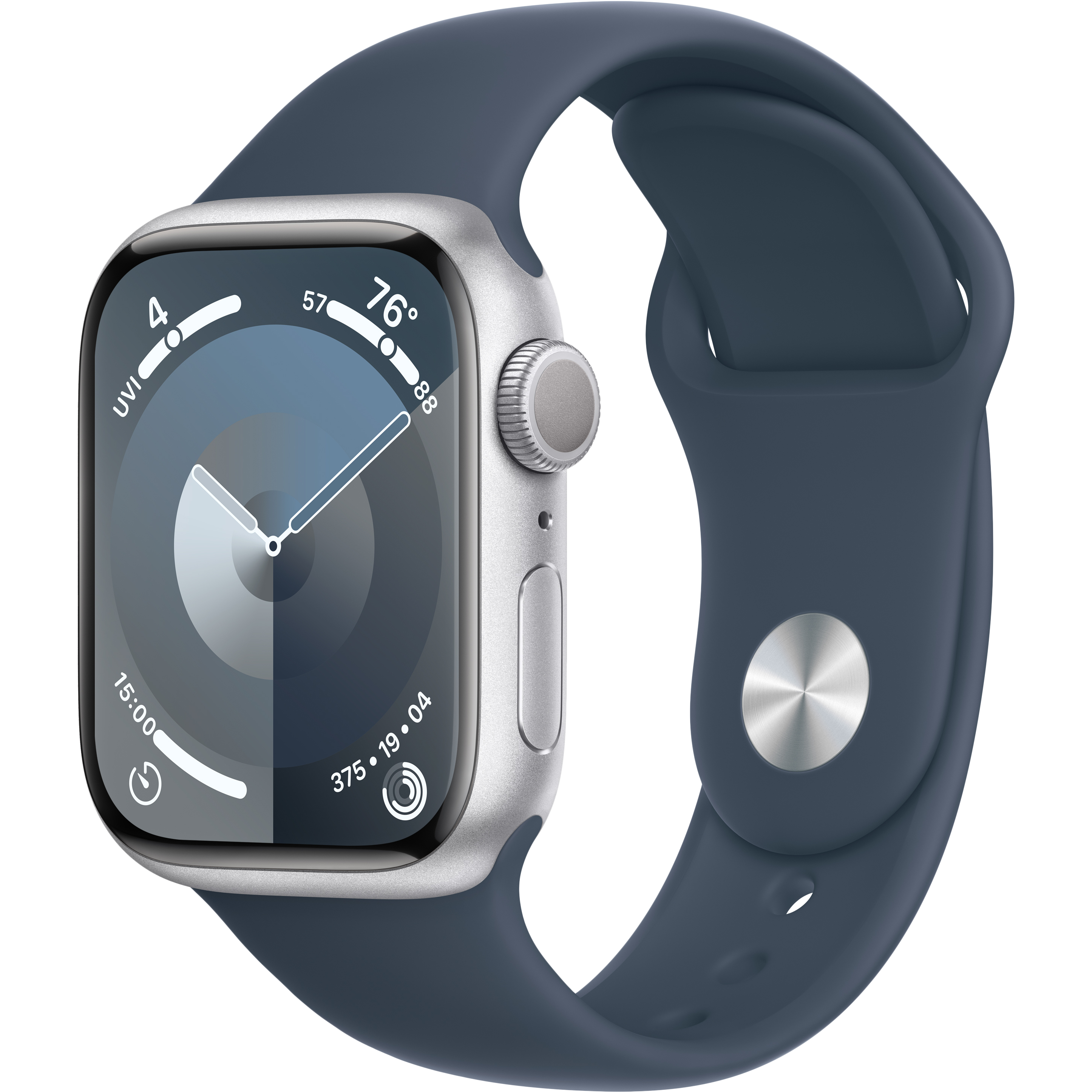 

Apple Watch Series 9 GPS, 41мм, Серебристый, Storm Blue Sport Band, M/L (MR913QI/A)