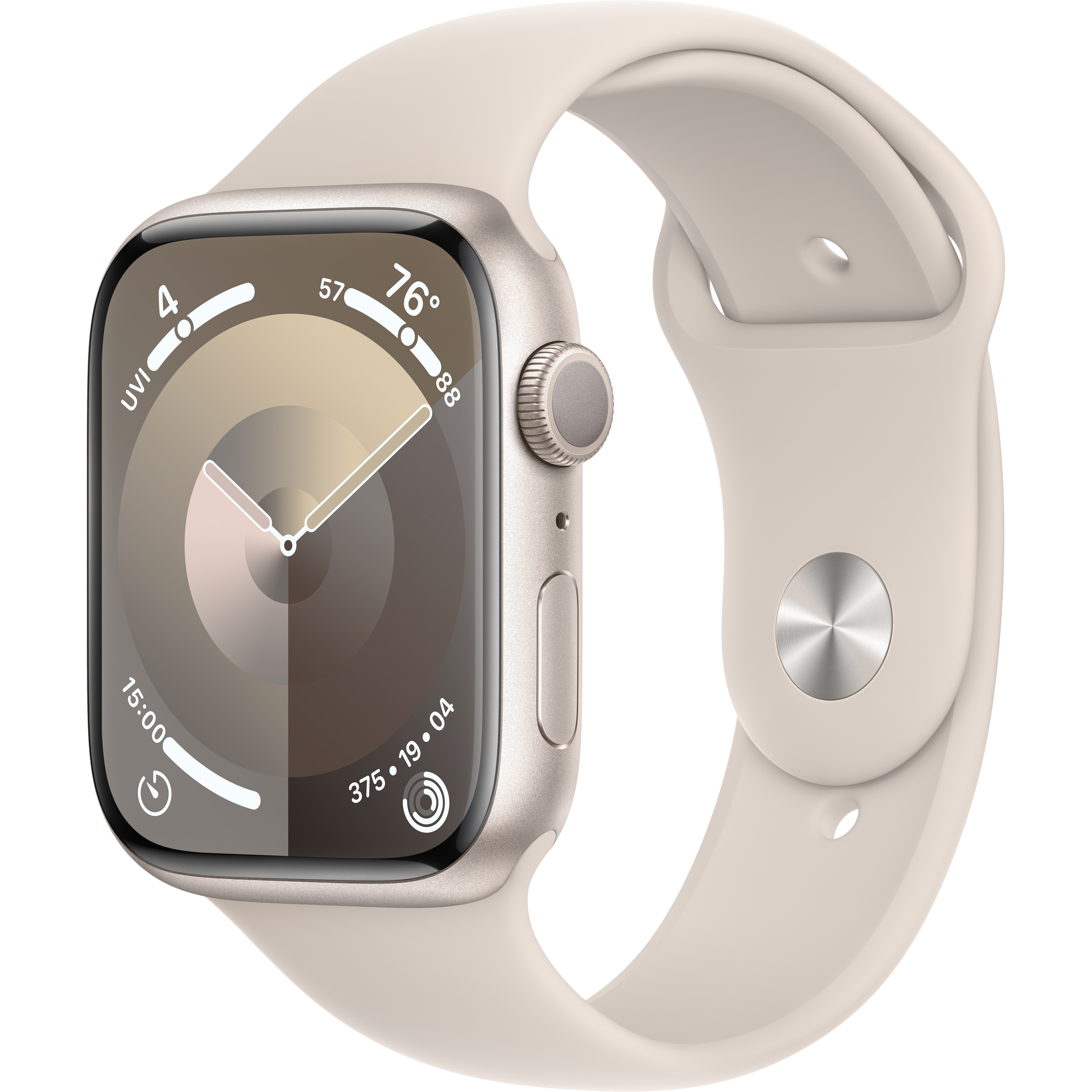 

Apple Watch Series 9 GPS, 45мм, Сияющая звезда, Спортивный ремешок цвета «сияющая звезда», S/M (MR963QI/A)