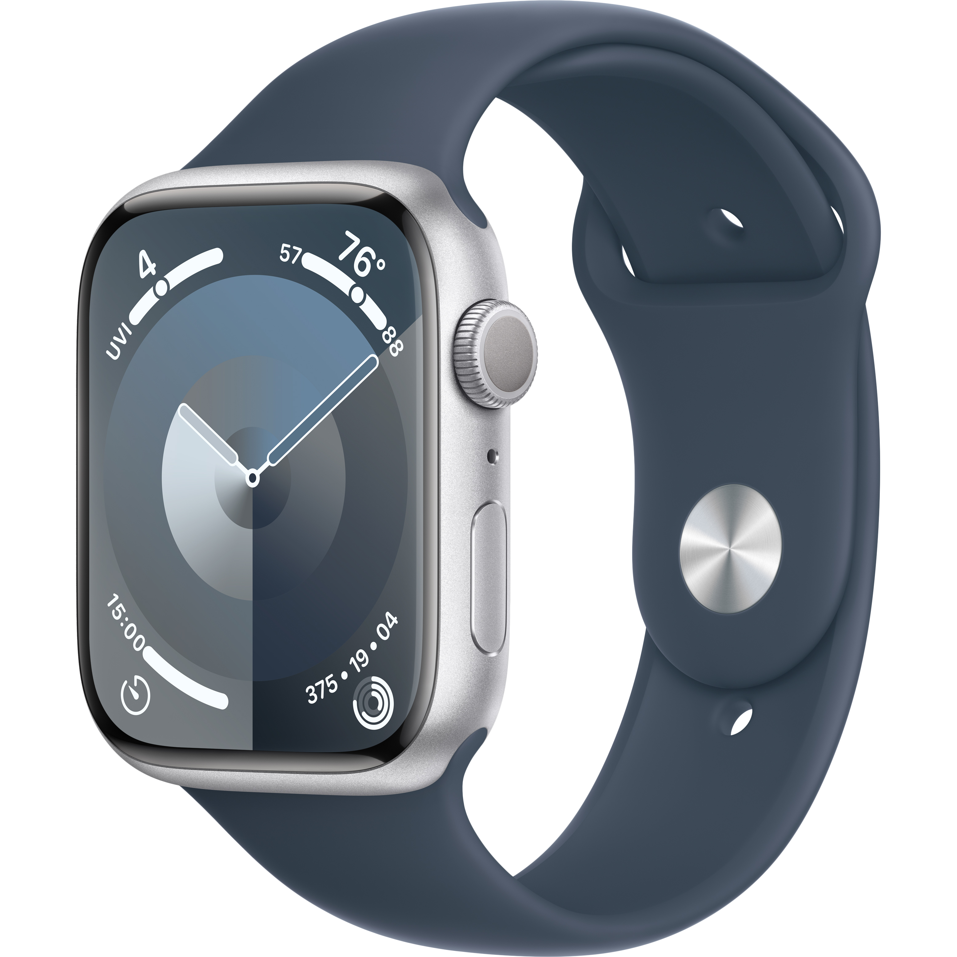 

Apple Watch Series 9 GPS, 45мм, Серебристый, Storm Blue Sport Band, M/L (MR9E3QI/A)