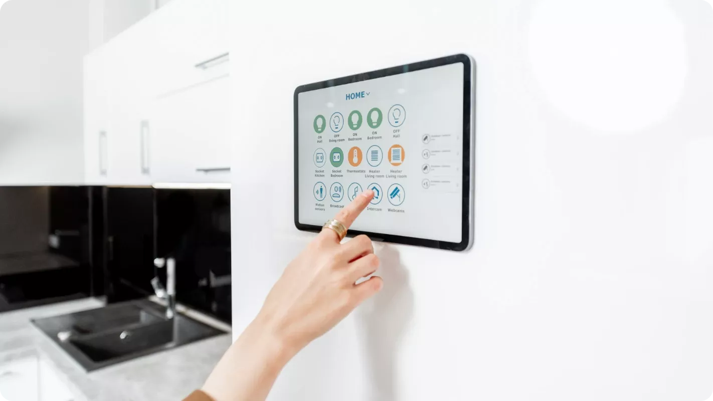 smart home tablet on the kitchen wall