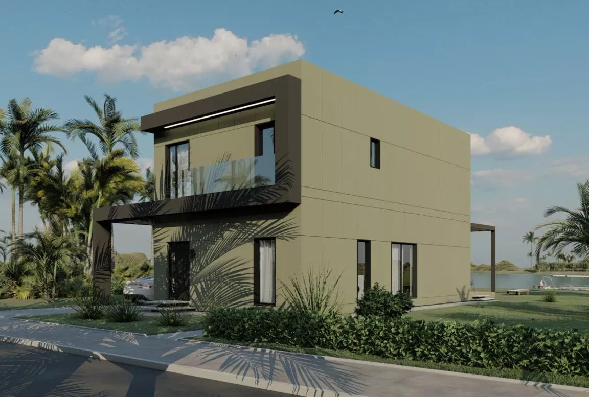 Exterior front right view of the MD168 two-story modular house by Mododomus, highlighting its modern architecture, spacious design, and customizable features.