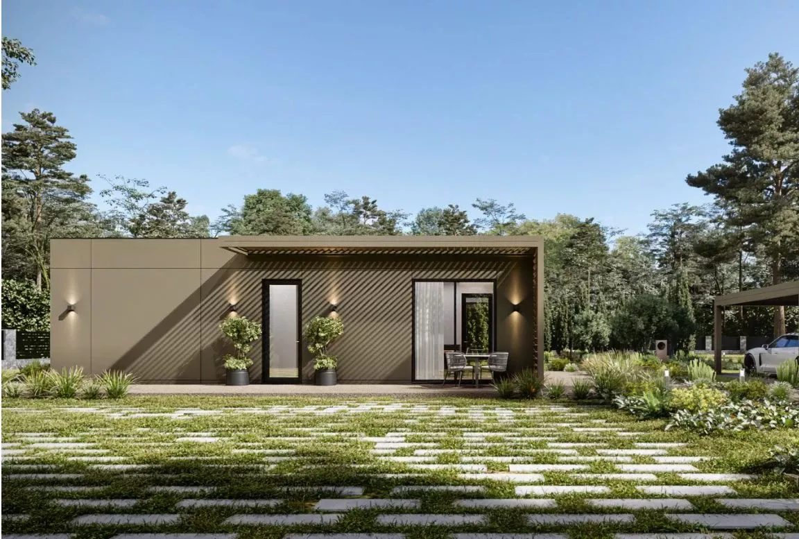 Sleek front exterior of the MD54 beige modular house, showcasing modern architectural design with large windows and a welcoming entrance.