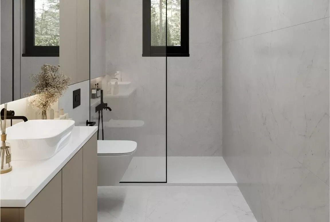 modern beige bathroom in a prefabricated home