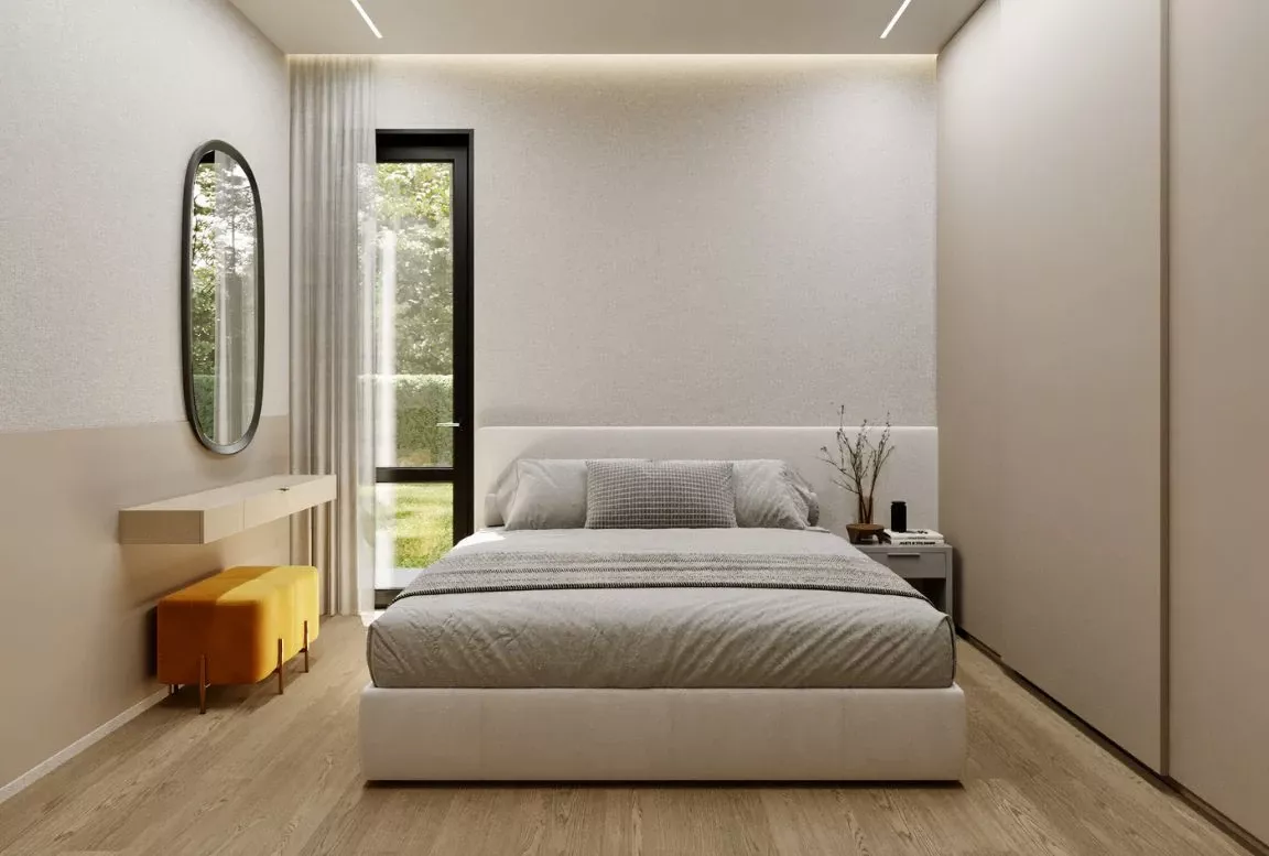 bedroom in a modular house featuring a minimalist design with a floating bed, elegant wooden accents, ambient lighting, and large windows for natural light.