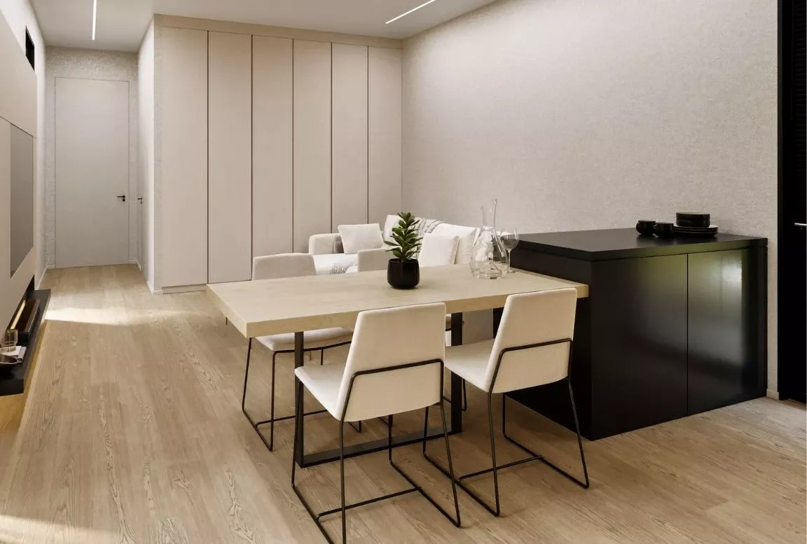 view of the modern living room in a beige prefabricated house.