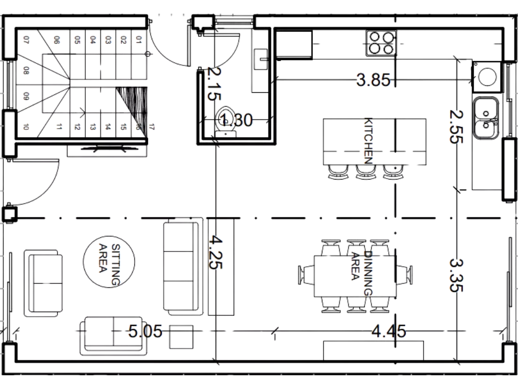 Architectural ground floor plan of a three bedroom modular house