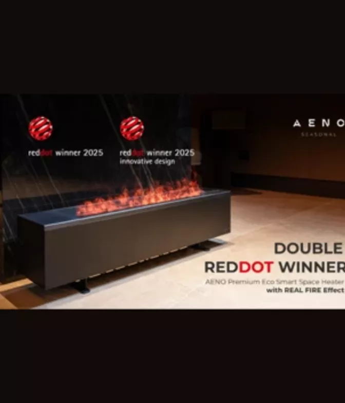 AENO Premium Eco Smart grijalica s efektom PRAVE VATRE osvojila je 2 Red Dot nagrade za dizajn u 2025. godini