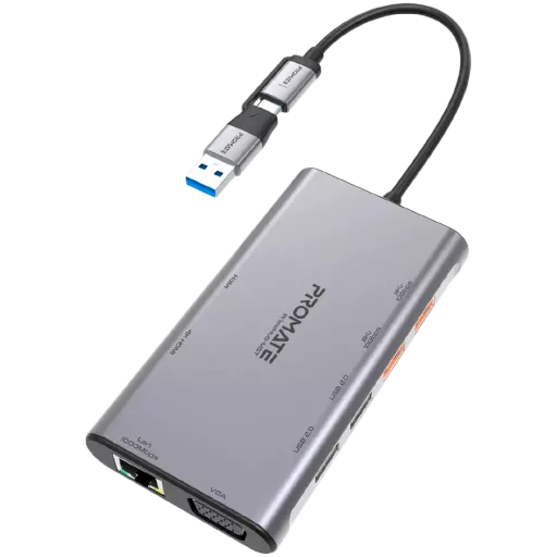 USB-хаб PROMATE PrimeHub-MST 9в1 USB-C PD/2хHDMI/VGA/2xUSB3.2/2xUSB2.0/RJ45 Grey (PRIMEHUB-MST.GREY)