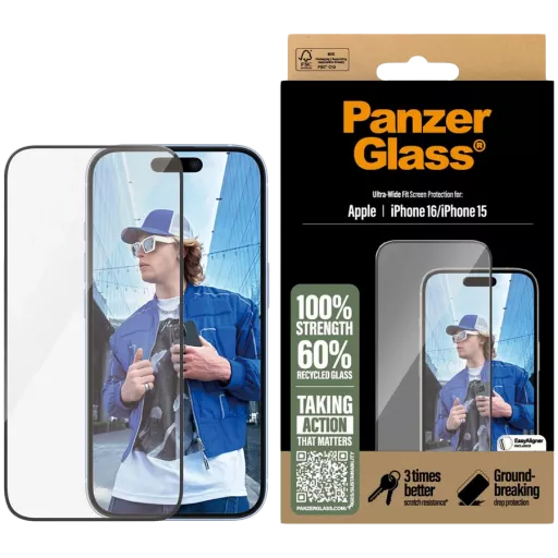 Защитное стекло PanzerGlass для iPhone 16 | 15 | Ultra-Wide Fit