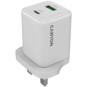 Power Adapter CANYON 2*USB/USB-C, 45 W, White USB Type C, USB Type-A (UK Plug) — Image №1
