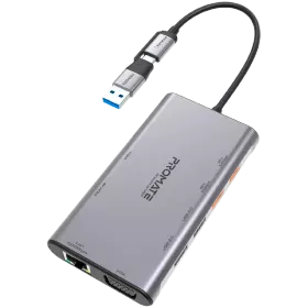 USB-хаб PROMATE PrimeHub-MST 9в1 USB-C PD/2хHDMI/VGA/2xUSB3.2/2xUSB2.0/RJ45 Grey (PRIMEHUB-MST.GREY) — Зображення №1