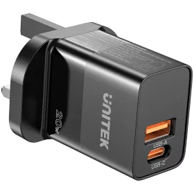 UNITEK Адаптер питания 2*USB/USB-C, 20 Вт, Чёрный — Изображение №1
