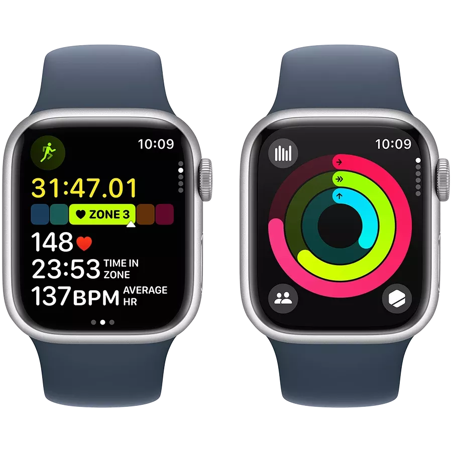 Apple Watch Series 9 GPS  Спортивный ремешок Storm Blue, S/M, 41мм, Серебристый — Изображение №8