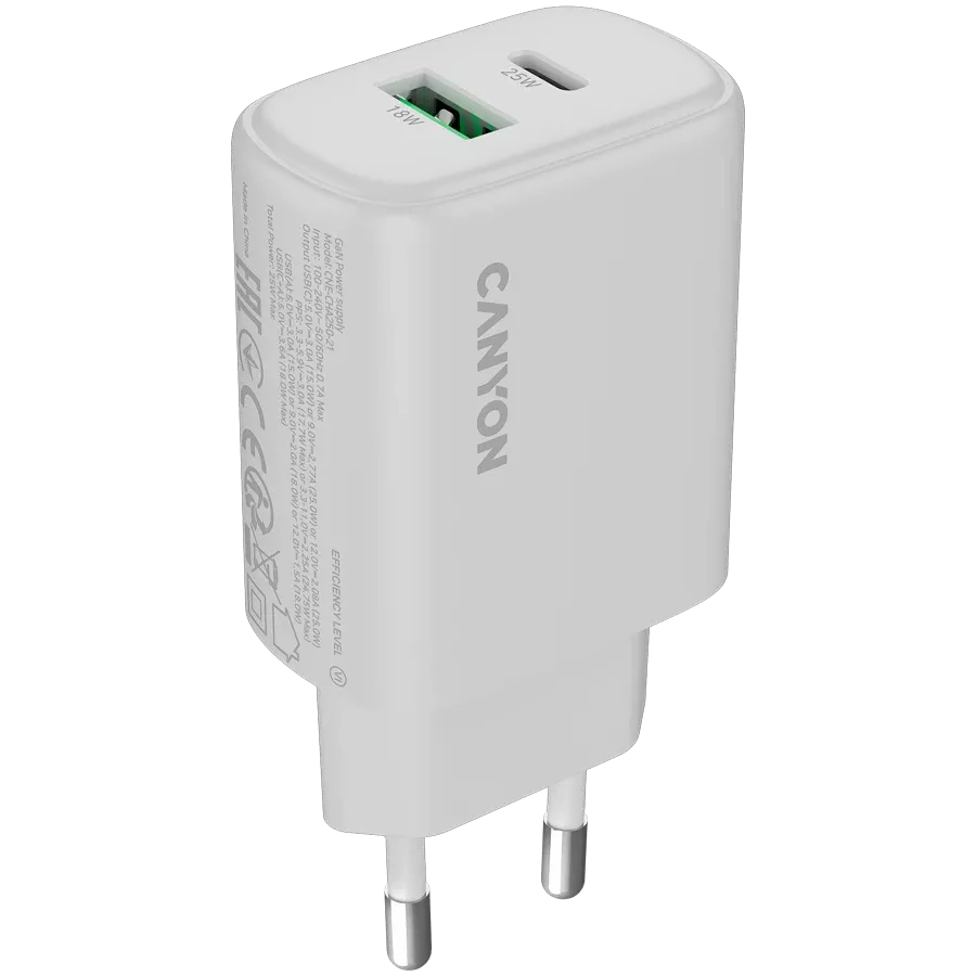 Адаптер питания CANYON OnCharge 250 QC 2*USB/USB-C, 25 Вт — Изображение №1