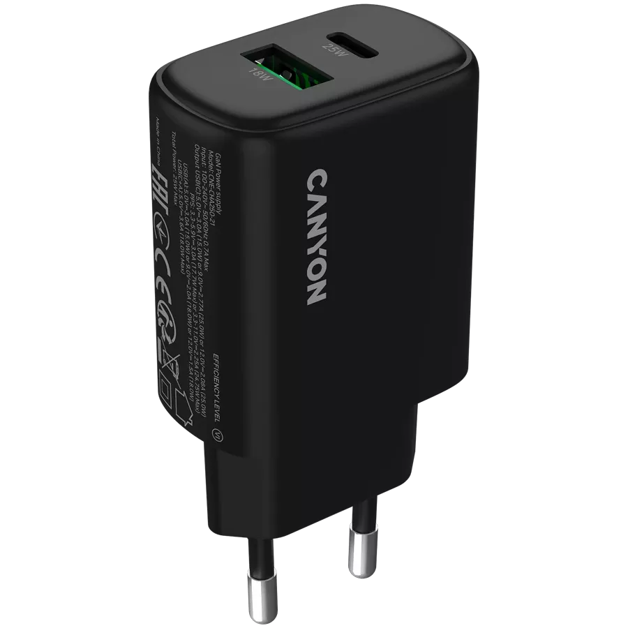 Адаптер питания CANYON OnCharge 250 QC 2*USB/USB-C, 25 Вт — Изображение №1