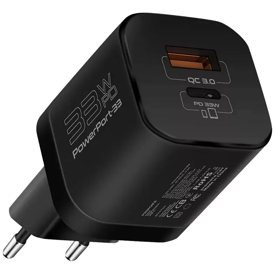 Сетевое зарядное устройство Promate PowerPort-33 Вт USB-C+USB-A Black (POWERPORT-33.BLACK) — Изображение №1