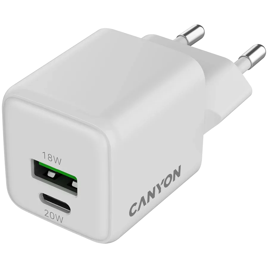 CANYON CU20AC Power Adapter 2*USB/USB-C, 20 W, White USB Type C, USB Type-A — Image №2