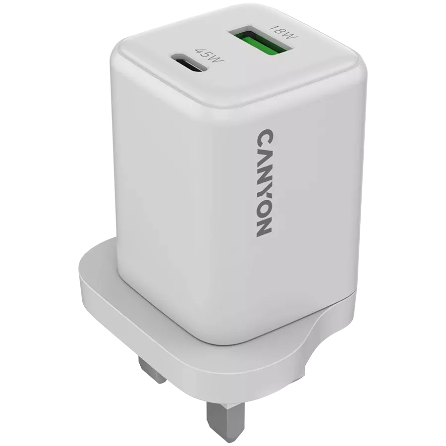 Power Adapter CANYON 2*USB/USB-C, 45 W, White USB Type C, USB Type-A (UK Plug) — Image №1