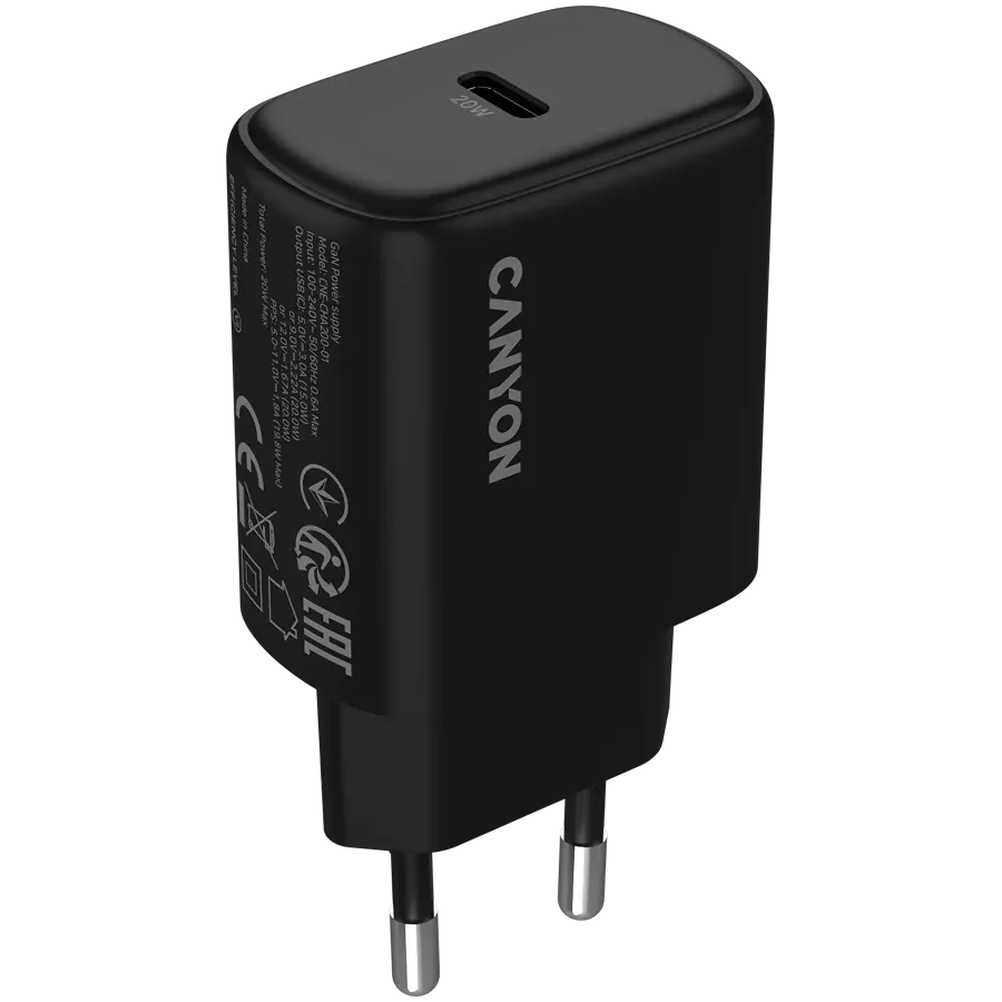 CANYON OnCharge 200 Power Adapter USB-C, 20 W, Black — Image №1