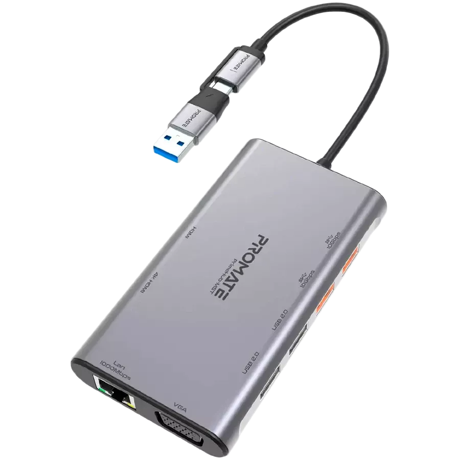 USB-хаб PROMATE PrimeHub-MST 9в1 USB-C PD/2хHDMI/VGA/2xUSB3.2/2xUSB2.0/RJ45 Grey (PRIMEHUB-MST.GREY) — Зображення №1
