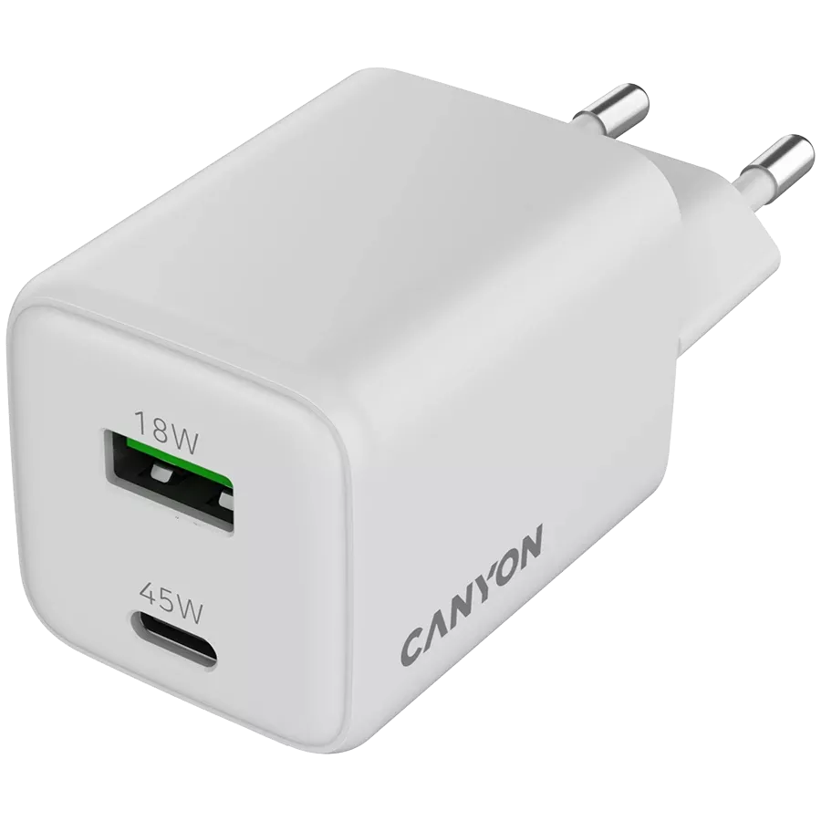 CANYON Power Adapter 2*USB/USB-C, 45 W, White USB Type C, USB Type-A — Image №4