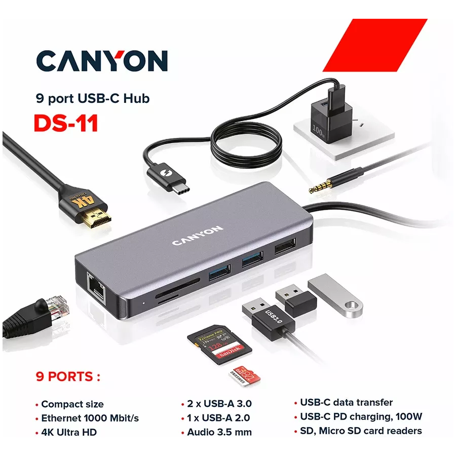 Мультипортовий хаб 9в1 USB-C (CNS-TDS11) — Зображення №6