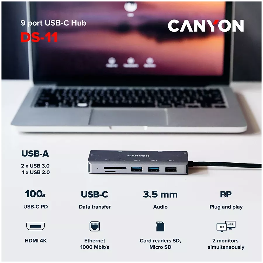 Мультипортовий хаб 9в1 USB-C (CNS-TDS11) — Зображення №4