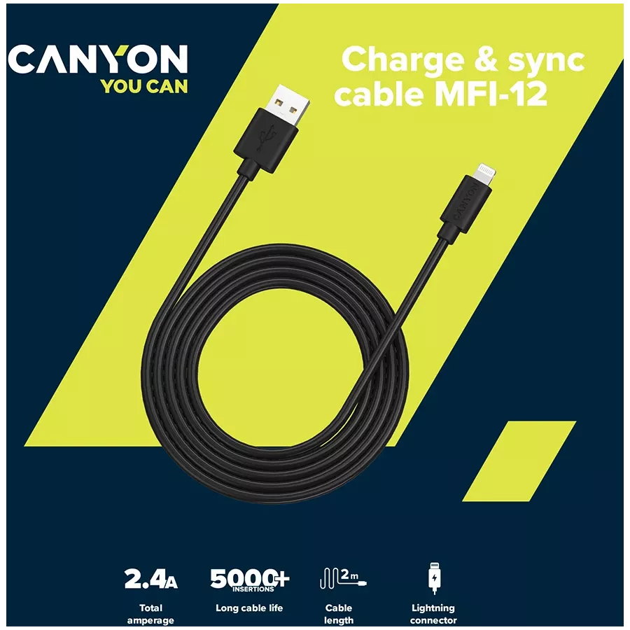 Кабель CANYON MFI-12 Lightning - USB 2м White — Зображення №3