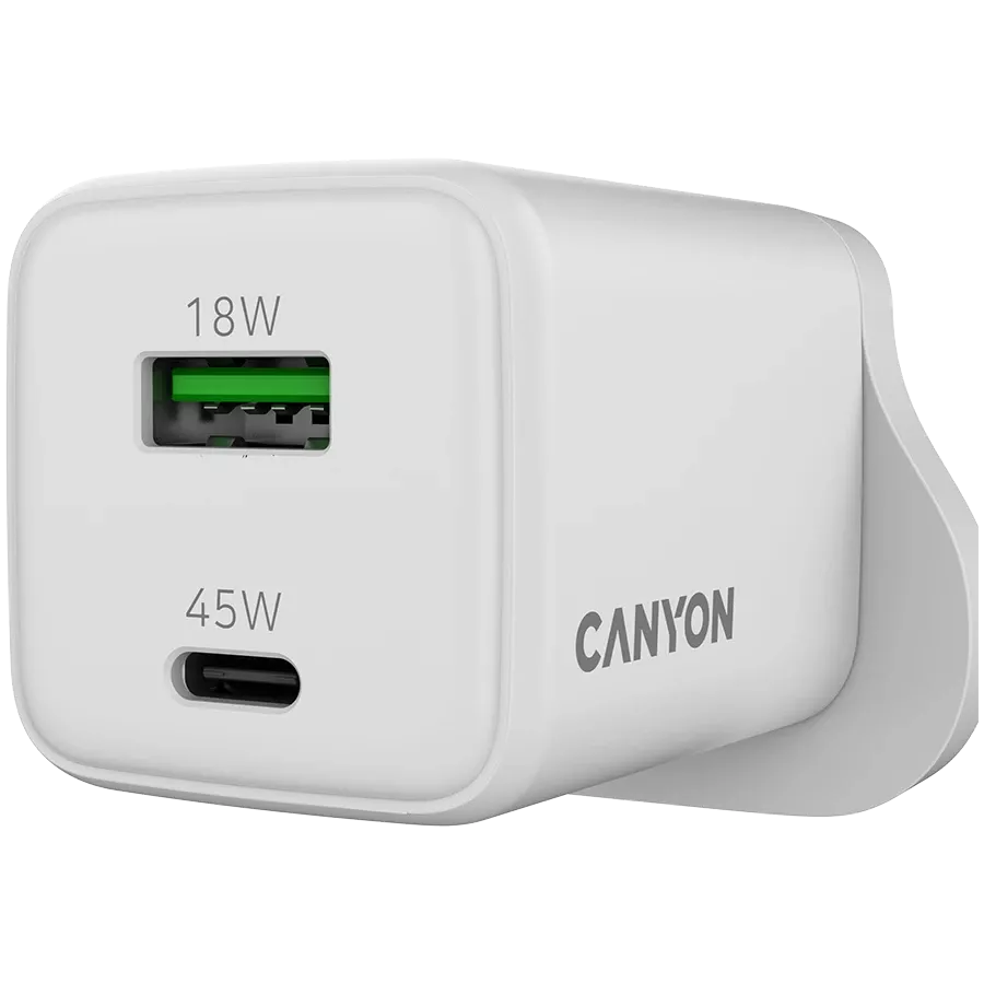 Power Adapter CANYON 2*USB/USB-C, 45 W, White USB Type C, USB Type-A (UK Plug) — Image №5