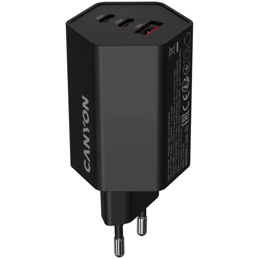 Адаптер живлення CANYON Hexagon 65 3*USB/USB-C 2*USB Type C, USB Type-A, 65 Ват — Зображення №1