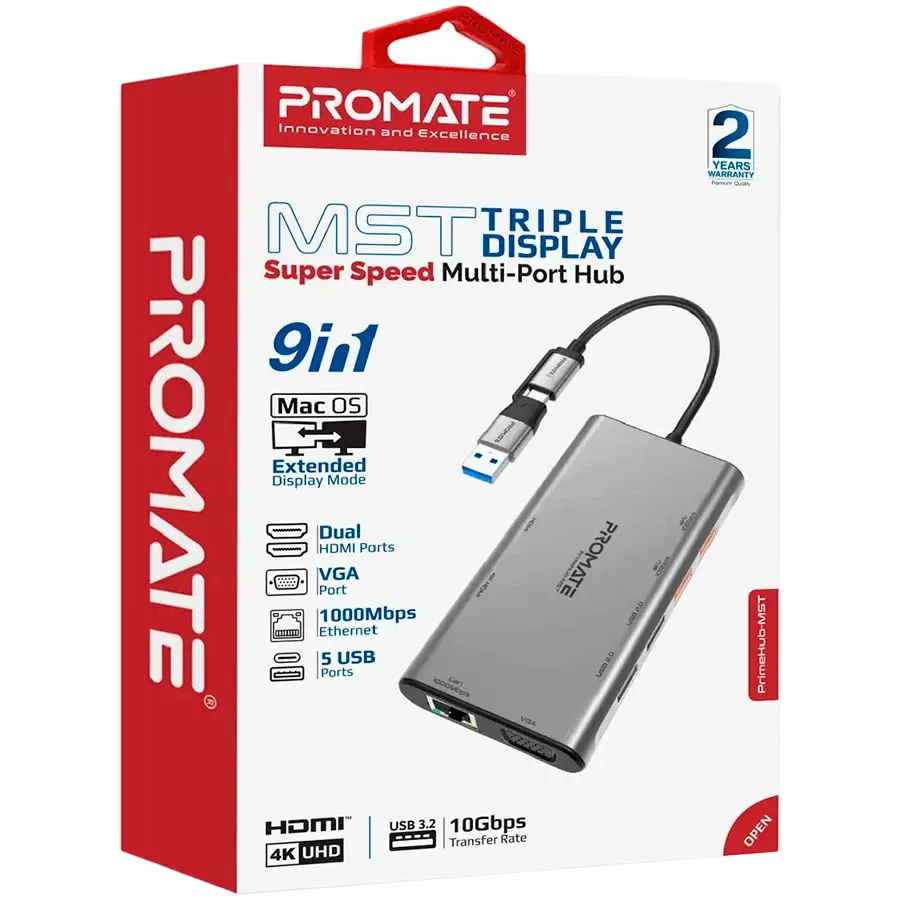 USB-хаб PROMATE PrimeHub-MST 9в1 USB-C PD/2хHDMI/VGA/2xUSB3.2/2xUSB2.0/RJ45 Grey (PRIMEHUB-MST.GREY) — Зображення №2