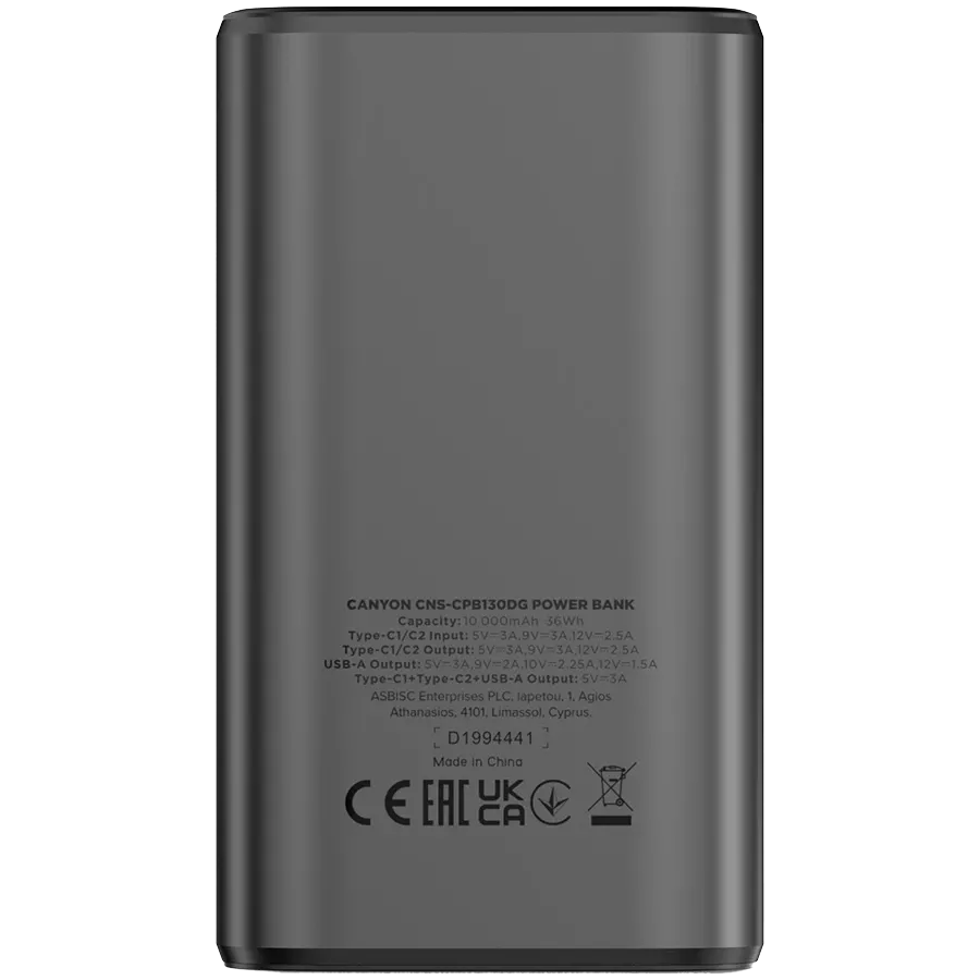 CANYON OnPower 130 Power Bank, 10000 mAh, Σκούρο Γκρι — Εικών №3