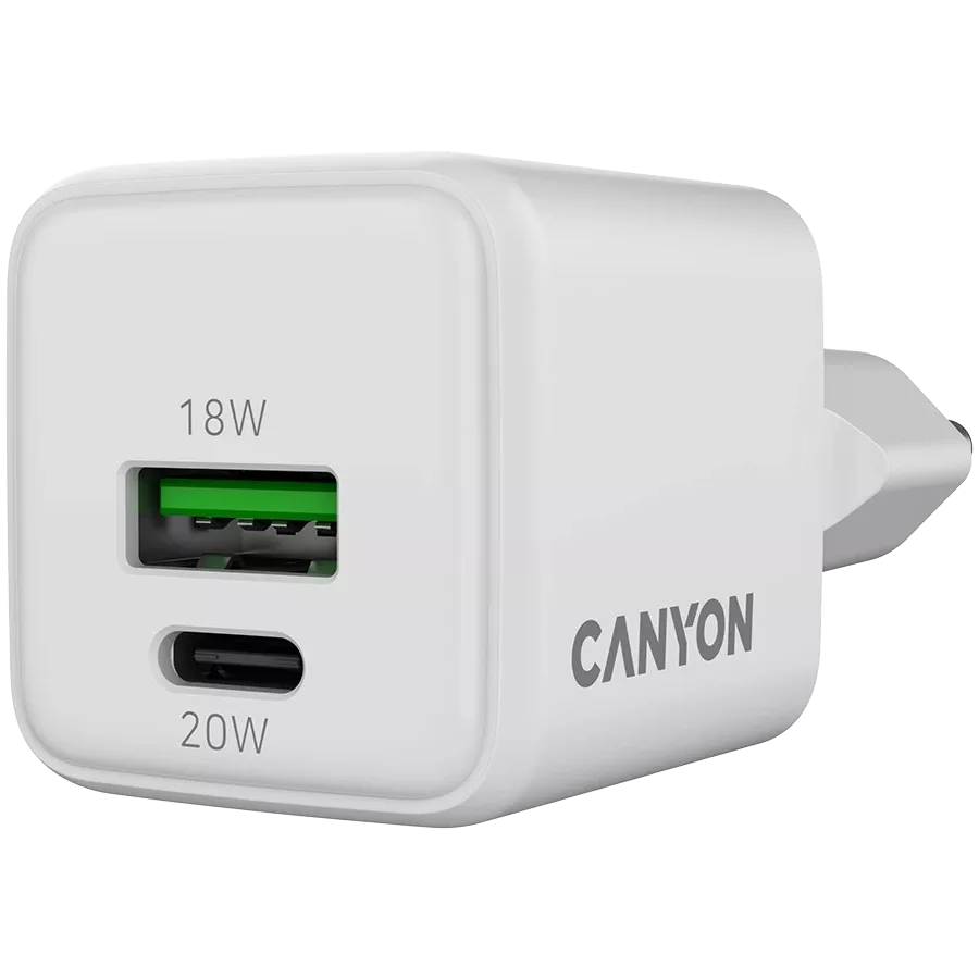 CANYON CU20AC Power Adapter 2*USB/USB-C, 20 W, White USB Type C, USB Type-A — Image №3
