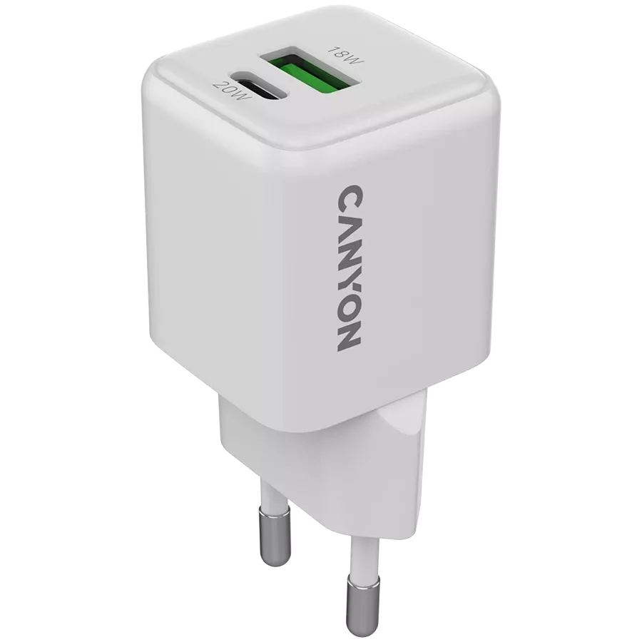 CANYON CU20AC Power Adapter 2*USB/USB-C, 20 W, White USB Type C, USB Type-A — Image №1