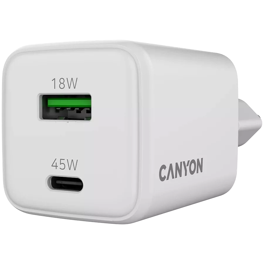 CANYON Power Adapter 2*USB/USB-C, 45 W, White USB Type C, USB Type-A — Image №5