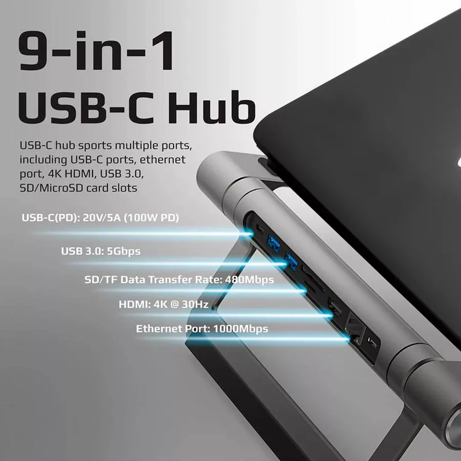 Хаб 9-в-1 PROMATE PrimeBase-C USB-C PD/HDMI/2xUSB 3.0/RJ45/SD/MicroSD — Изображение №2