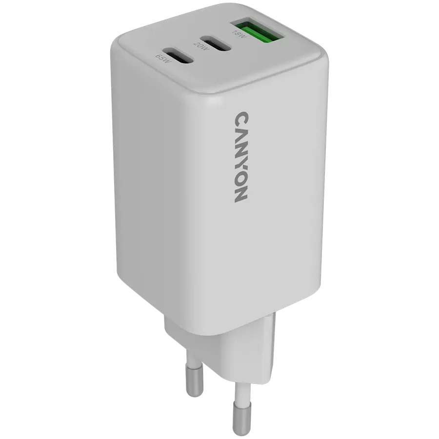 CANYON Power Adapter 3*USB/USB-C, 65 W, White 2*USB Type C, USB Type-A — Image №1