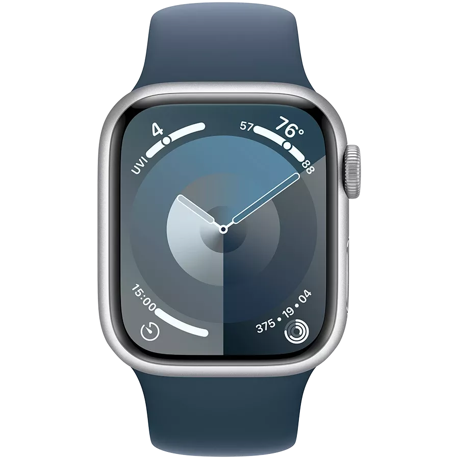 Apple Watch Series 9 GPS  Спортивный ремешок Storm Blue, S/M, 41мм, Серебристый — Изображение №2