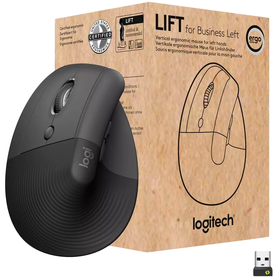 Мышь LOGITECH Lift Left Vertical Ergonomic Wireless/Bluetooth for Business Graphite (L910-006495) — Изображение №1