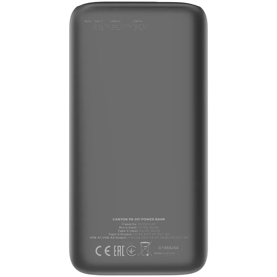 CANYON PB-301 Живлення - зарядний пристрій для батареї, 30000 мА/год, Літій-полімерний — Зображення №2