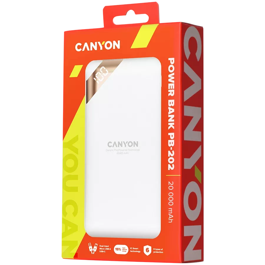 CANYON PB-202 Power Bank, 20000 mAh, Λευκό — Εικών №4
