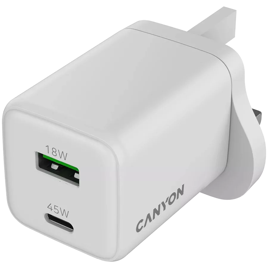 Power Adapter CANYON 2*USB/USB-C, 45 W, White USB Type C, USB Type-A (UK Plug) — Image №4